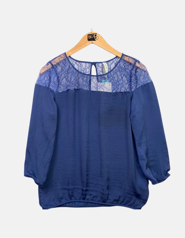 Navy Blue Lace Yoke Blouse with 3/4 Sleeves